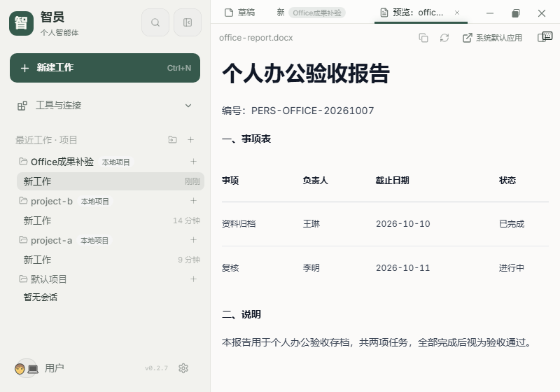 智员个人版实际 Word 预览：报告中有事项、负责人、截止日期与状态；修改后的事项显示已完成，其他内容保留。